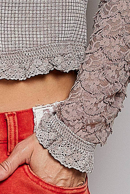 Not So Simple Vintage Wash Thermal Lace Sleeve V-Neck Button Slim Top - ivyandlavyboutique Pol Clothing