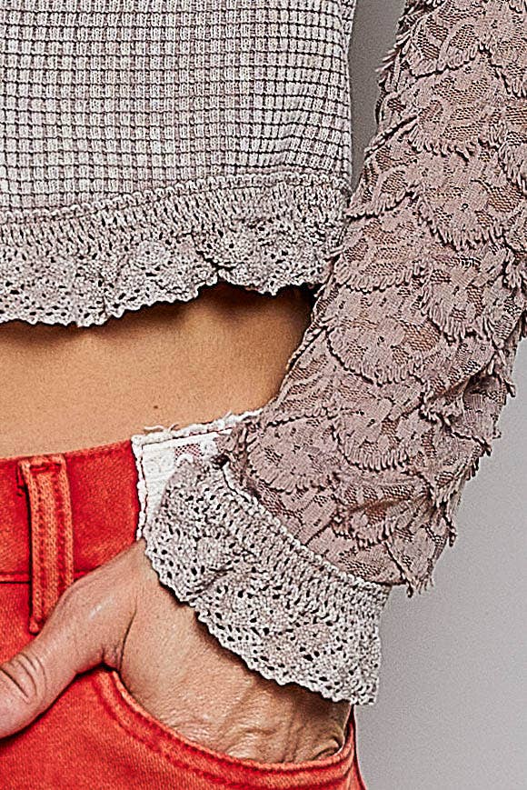 Not So Simple Vintage Wash Thermal Lace Sleeve V-Neck Button Slim Top - ivyandlavyboutique Pol Clothing
