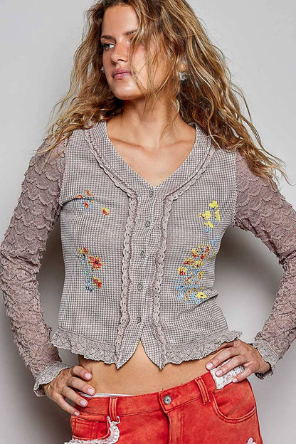 Not So Simple Vintage Wash Thermal Lace Sleeve V-Neck Button Slim Top - ivyandlavyboutique Pol Clothing