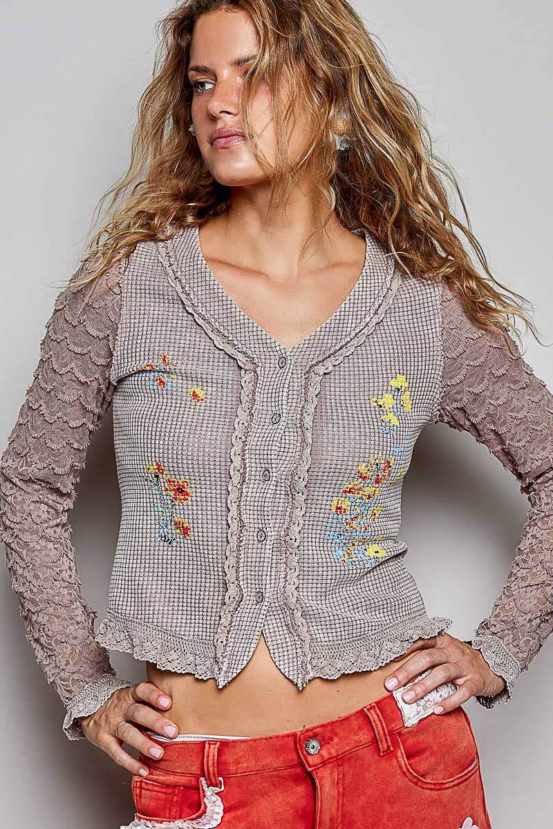 Not So Simple Vintage Wash Thermal Lace Sleeve V-Neck Button Slim Top - ivyandlavyboutique Pol Clothing
