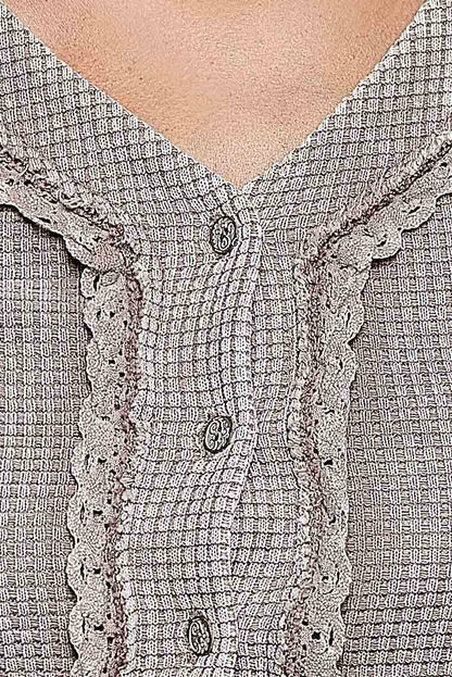 Not So Simple Vintage Wash Thermal Lace Sleeve V-Neck Button Slim Top - ivyandlavyboutique Pol Clothing