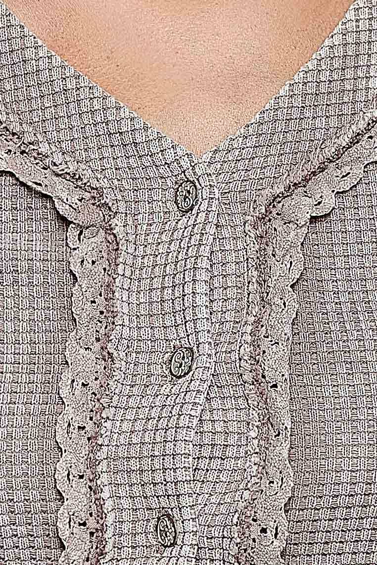 Not So Simple Vintage Wash Thermal Lace Sleeve V-Neck Button Slim Top - ivyandlavyboutique Pol Clothing