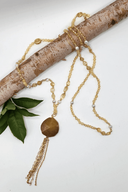 One of a Kind: Long Yellow Beaded and Chain Drop Necklace - ivyandlavyboutique Spirit Lala