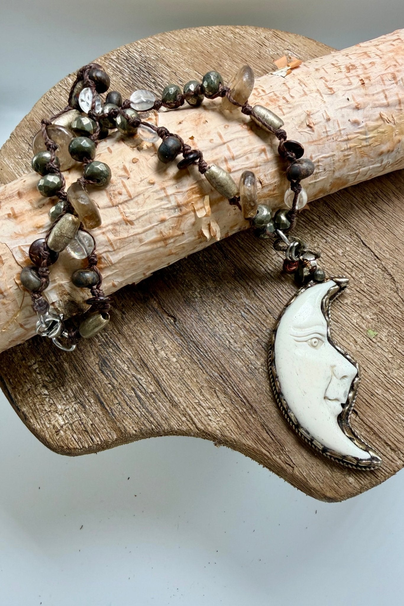 OOAK Carved Moon Face Shortie Necklace - ivyandlavyboutique ivyandlavyboutique