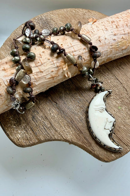 OOAK Carved Moon Face Shortie Necklace - ivyandlavyboutique ivyandlavyboutique