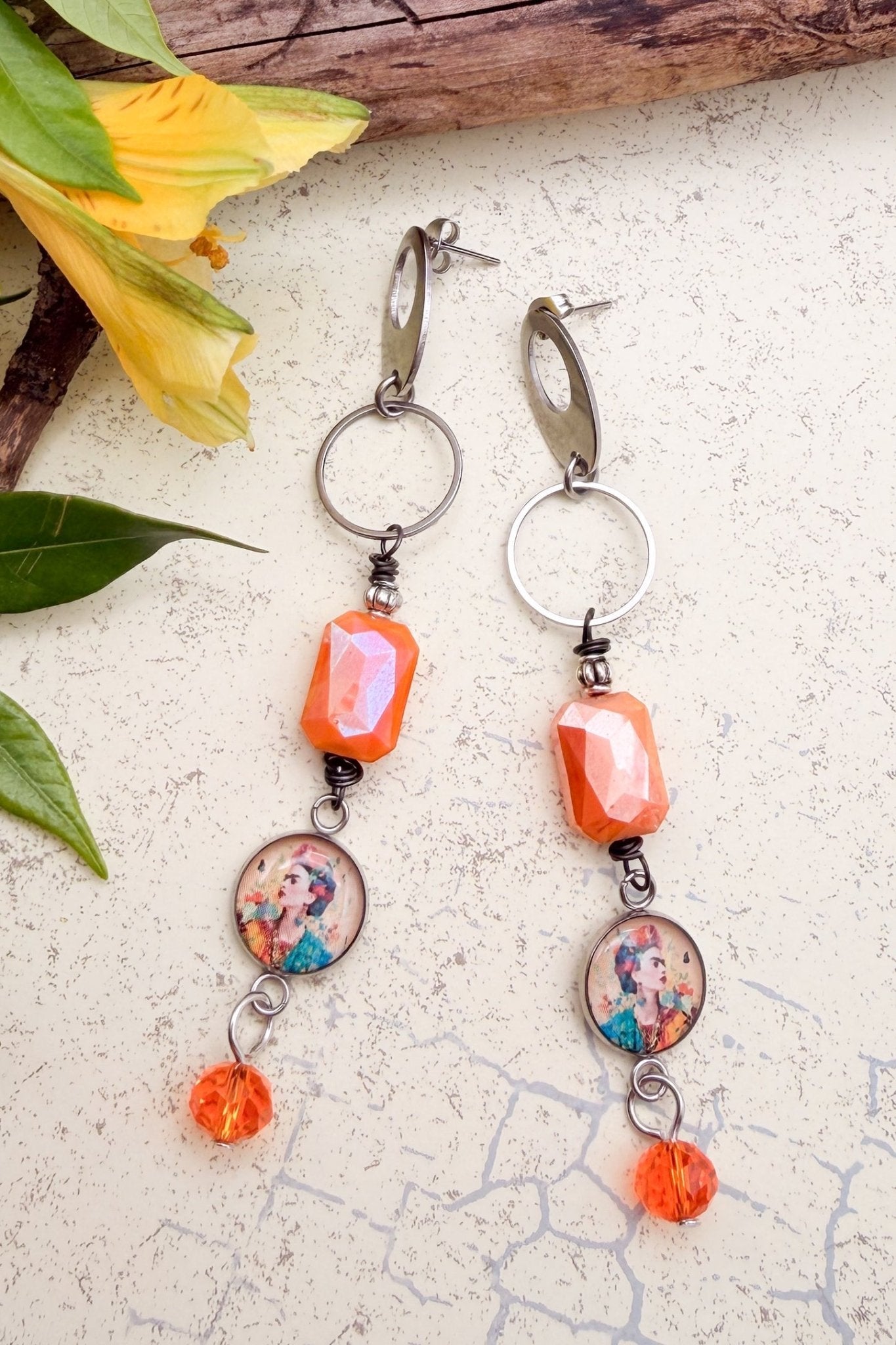 Orange Floral Frida Circle Charm Drop Earrings - ivyandlavyboutique ivyandlavyboutique