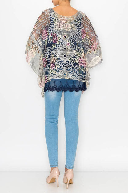 Ornate Crochet Poncho Top With Geometric Embroidered Details - ivyandlavyboutique Origami Apparel ~ Lace and Crochet inspired