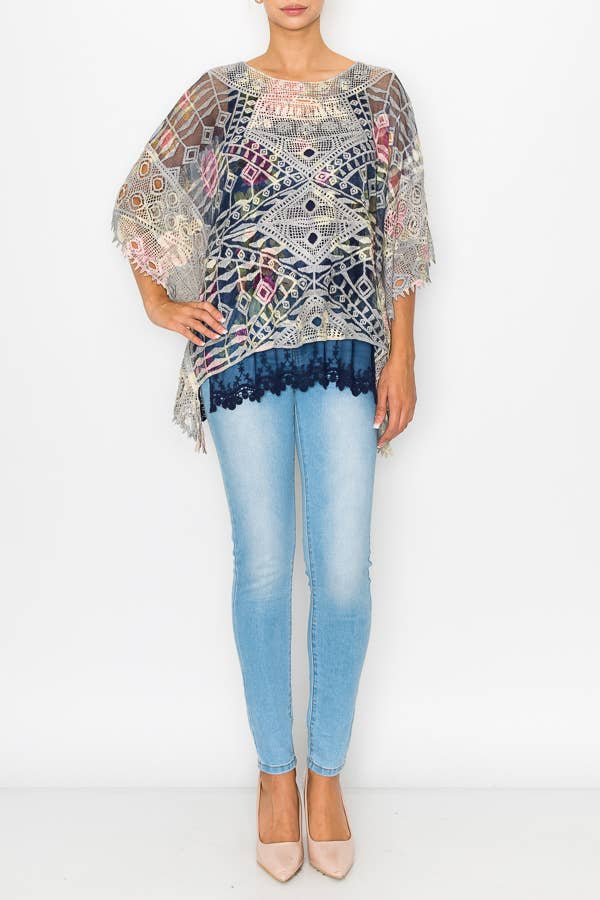 Ornate Crochet Poncho Top With Geometric Embroidered Details - ivyandlavyboutique Origami Apparel ~ Lace and Crochet inspired