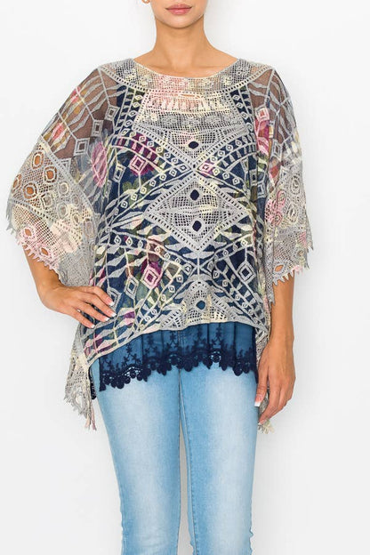 Ornate Crochet Poncho Top With Geometric Embroidered Details - ivyandlavyboutique Origami Apparel ~ Lace and Crochet inspired