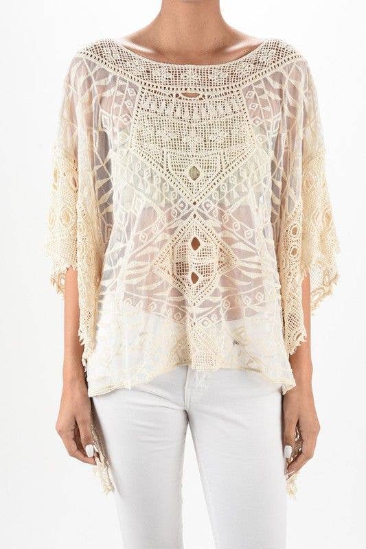 Ornate Crochet Poncho Top With Geometric Embroidered Details Natural - ivyandlavyboutique Origami Apparel ~ Lace and Crochet inspired