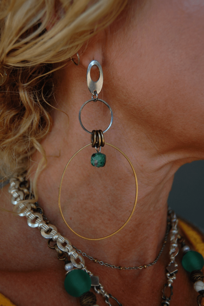 Oval 2 Circle Silver & Gold Earrings in African Turquoise - ivyandlavyboutique Spirit Lala