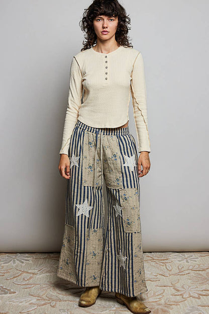 Over the Moon Striped Lace Star Patchwork Quilted Waistband Wide Leg Pants - ivyandlavyboutique Pol Clothing