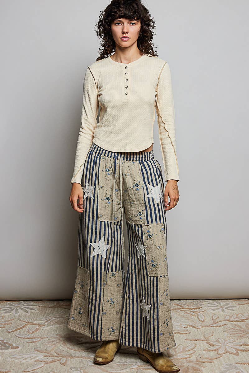 Over the Moon Striped Lace Star Patchwork Quilted Waistband Wide Leg Pants - ivyandlavyboutique Pol Clothing