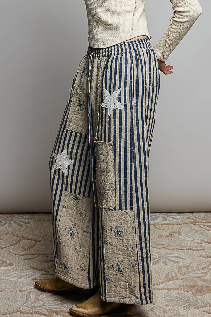 Over the Moon Striped Lace Star Patchwork Quilted Waistband Wide Leg Pants - ivyandlavyboutique Pol Clothing