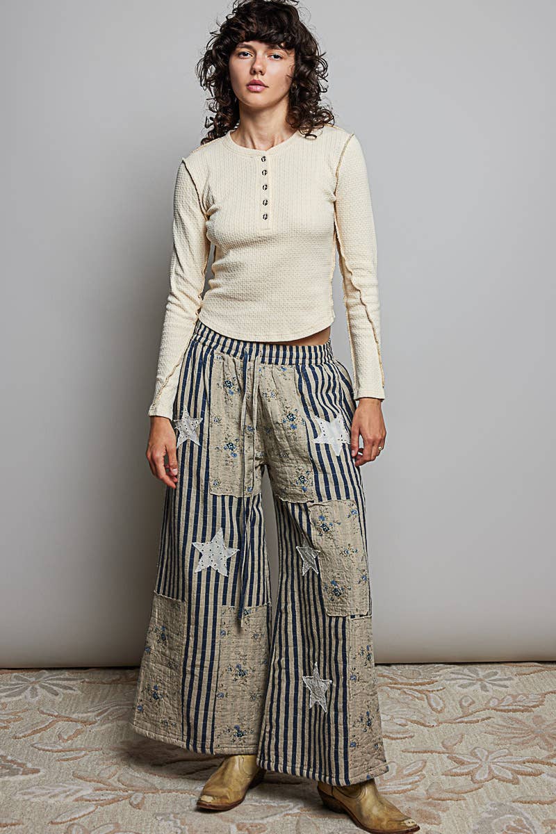 Over the Moon Striped Lace Star Patchwork Quilted Waistband Wide Leg Pants - ivyandlavyboutique Pol Clothing