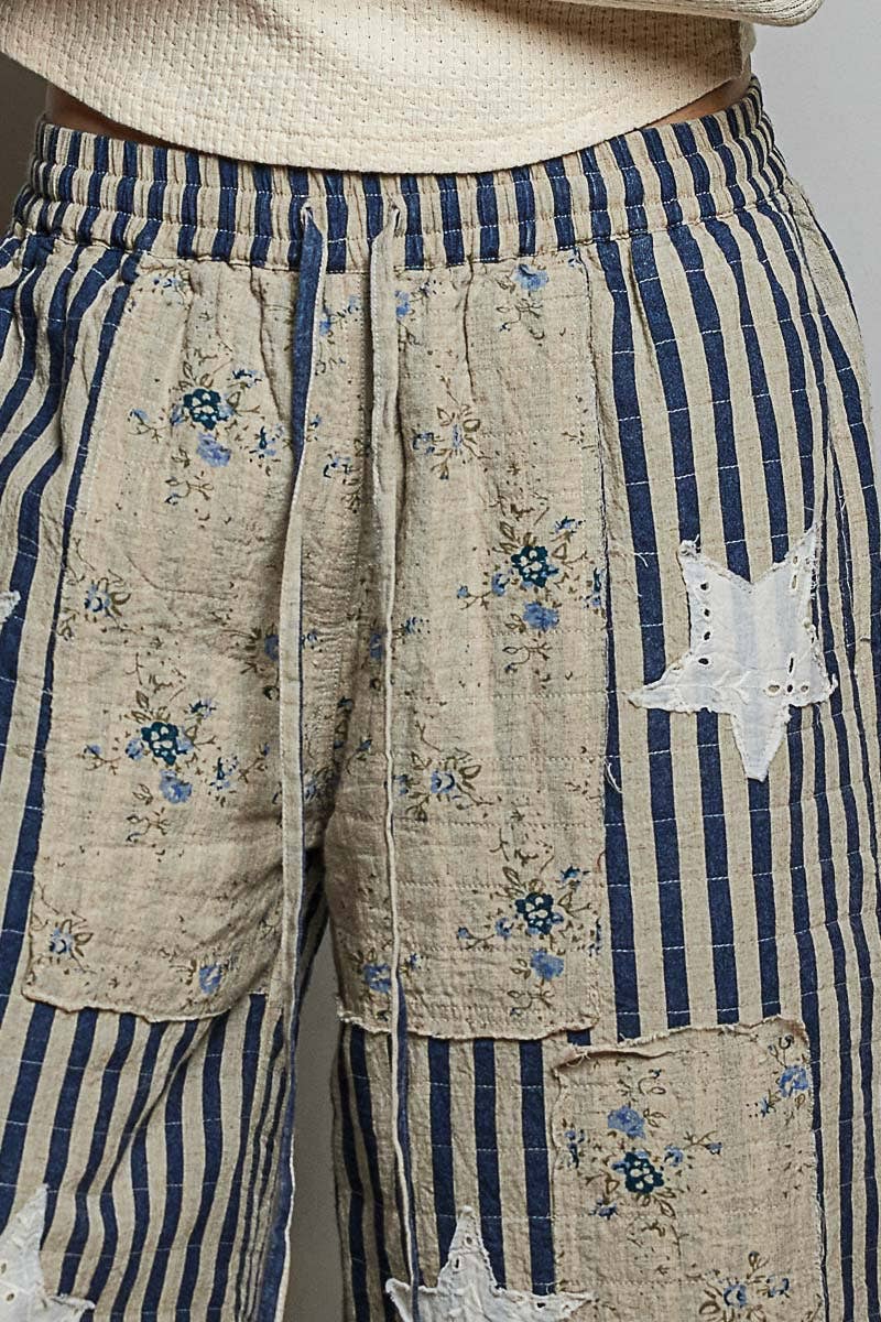 Over the Moon Striped Lace Star Patchwork Quilted Waistband Wide Leg Pants - ivyandlavyboutique Pol Clothing