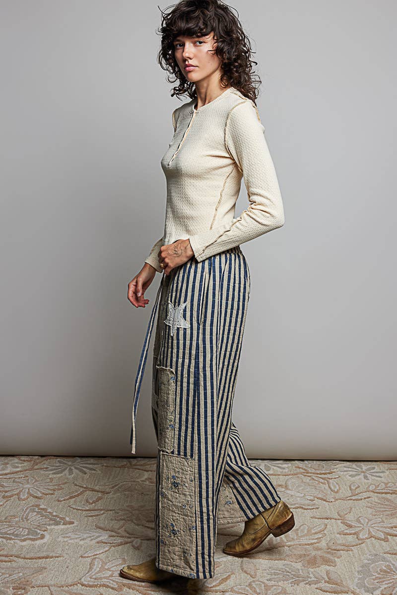 Over the Moon Striped Lace Star Patchwork Quilted Waistband Wide Leg Pants - ivyandlavyboutique Pol Clothing