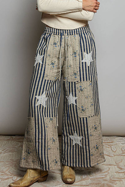 Over the Moon Striped Lace Star Patchwork Quilted Waistband Wide Leg Pants - ivyandlavyboutique Pol Clothing