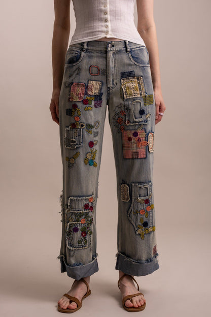 Patchwork Embroidered Wide Leg Denim Pants - Boho Wanderlust Boutique Blue Velvet