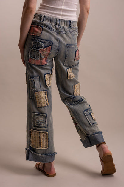 Patchwork Embroidered Wide Leg Denim Pants - Boho Wanderlust Boutique Blue Velvet