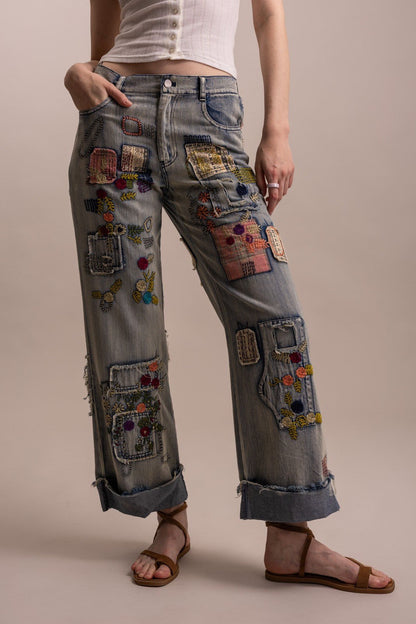 Patchwork Embroidered Wide Leg Denim Pants - Boho Wanderlust Boutique Blue Velvet