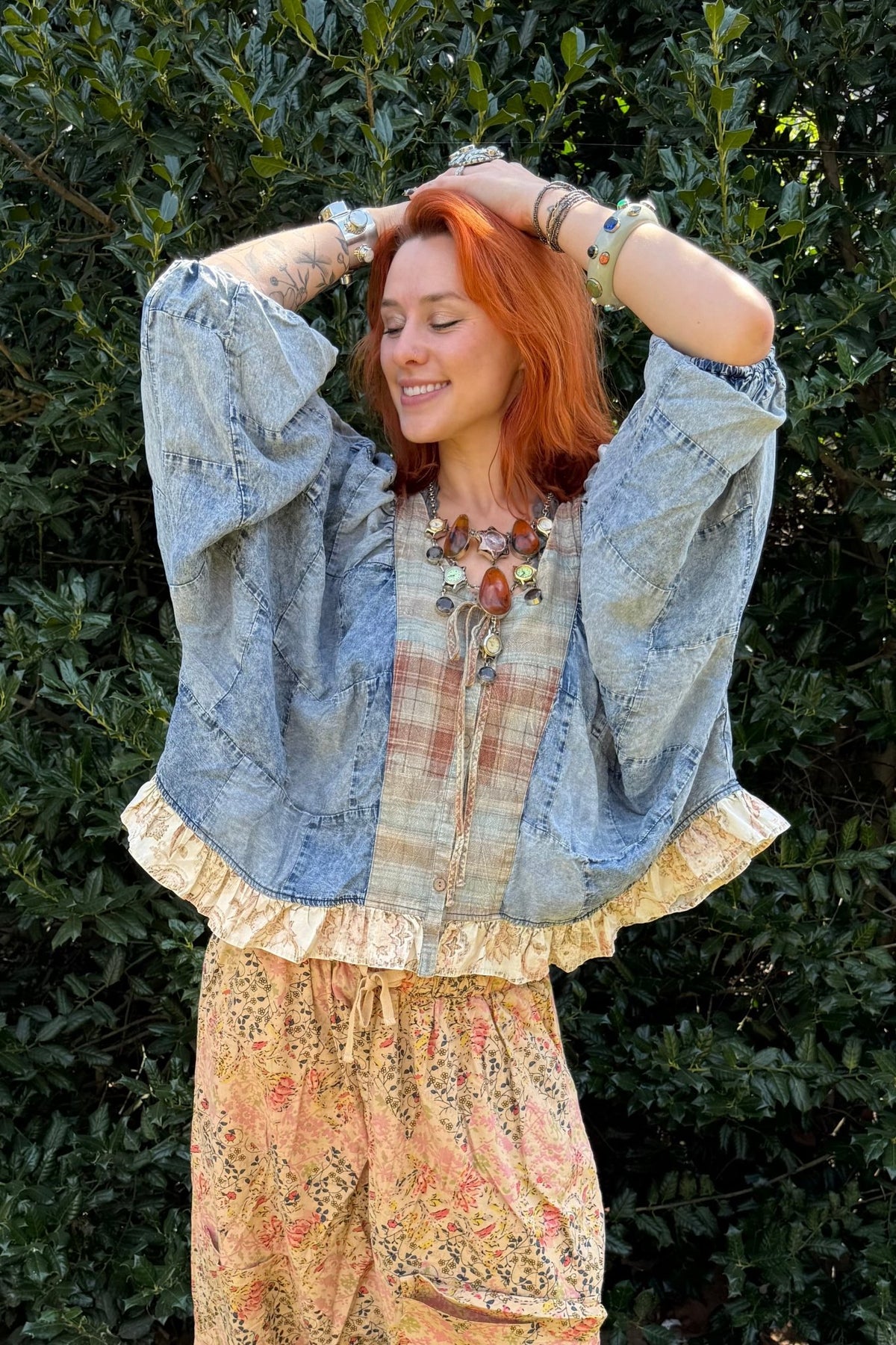 Patchwork Ruffle Hem Batwing Long- Sleeve Blouse - ivyandlavyboutique Blue Velvet