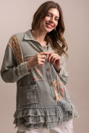 Patchwork Ruffle Hem Button Up Shirt - ivyandlavyboutique Blue Velvet
