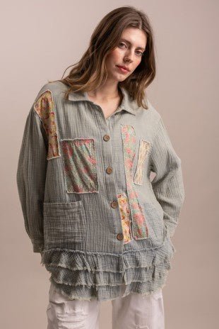 Patchwork Ruffle Hem Button Up Shirt - ivyandlavyboutique Blue Velvet