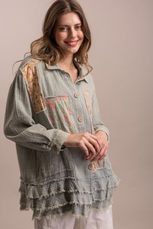Patchwork Ruffle Hem Button Up Shirt - ivyandlavyboutique Blue Velvet