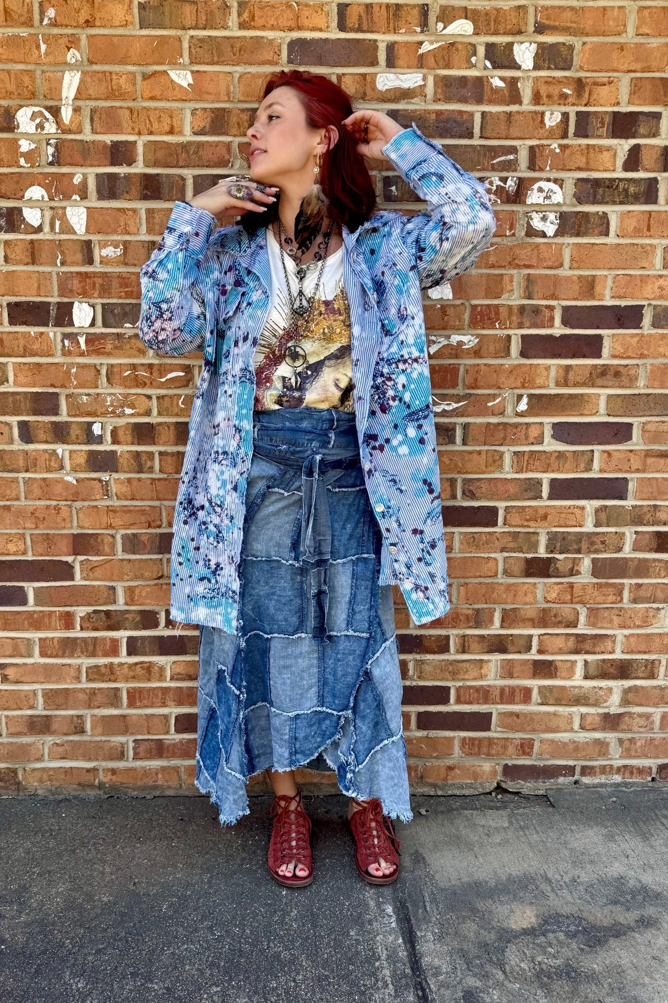 Patchwork Skies Wrap Skirt in Chambray Denim - ivyandlavyboutique Jaded Gypsy