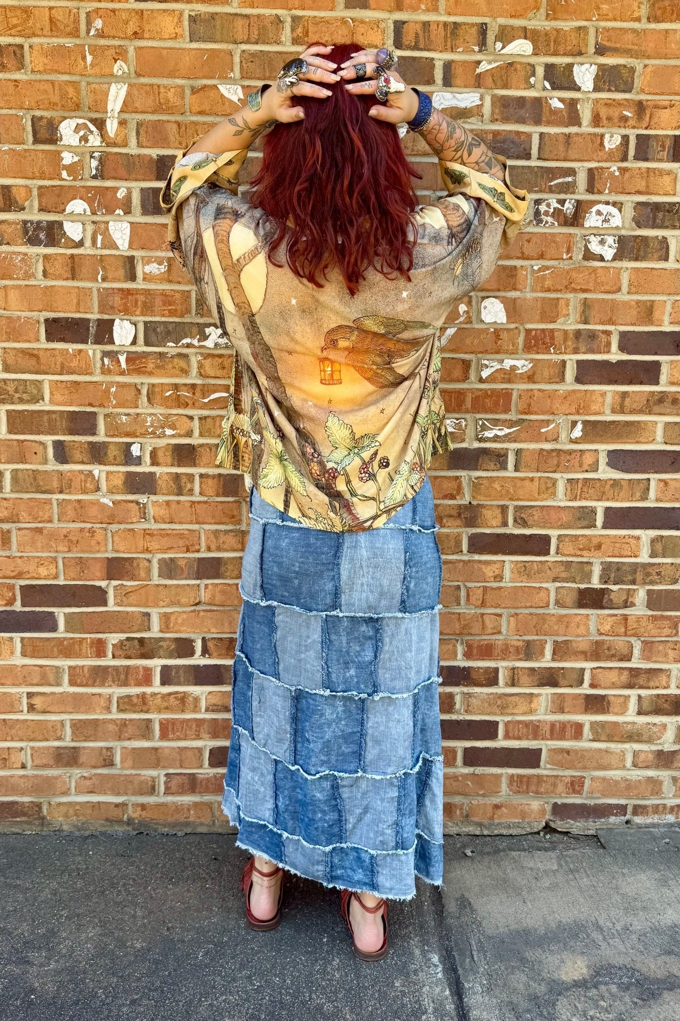Patchwork Skies Wrap Skirt in Chambray Denim - ivyandlavyboutique Jaded Gypsy