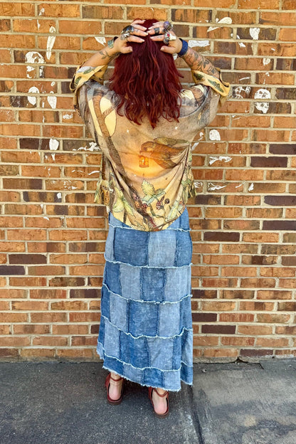 Patchwork Skies Wrap Skirt in Chambray Denim - ivyandlavyboutique Jaded Gypsy
