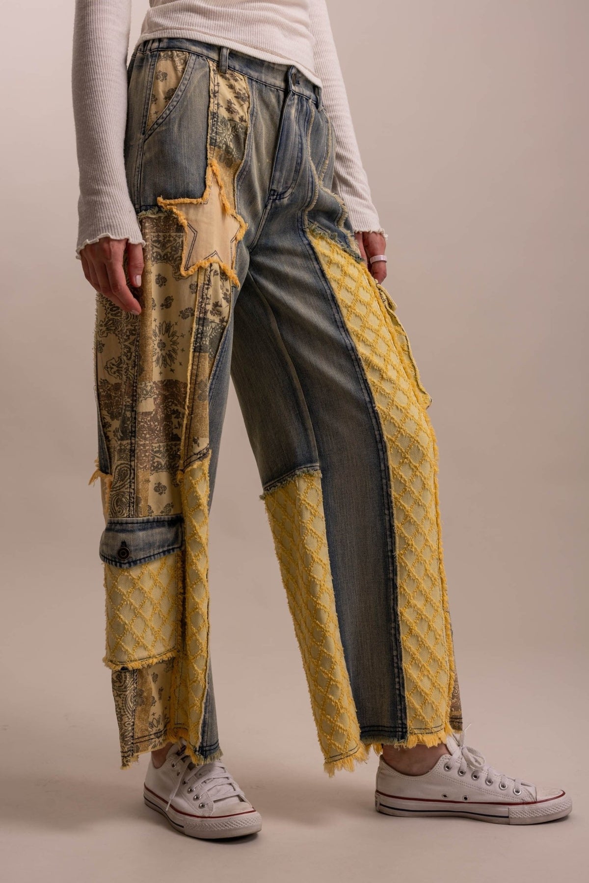 Patchwork Wide Leg Denim Pants - Boho Wanderlust Boutique Blue Velvet