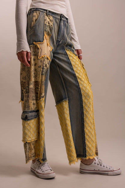Patchwork Wide Leg Denim Pants - Boho Wanderlust Boutique Blue Velvet