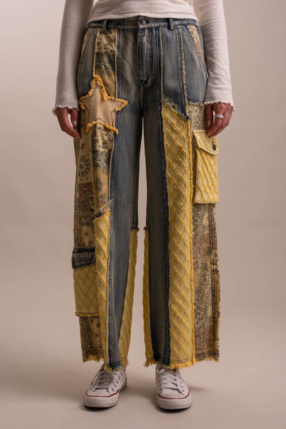 Patchwork Wide Leg Denim Pants - Boho Wanderlust Boutique Blue Velvet