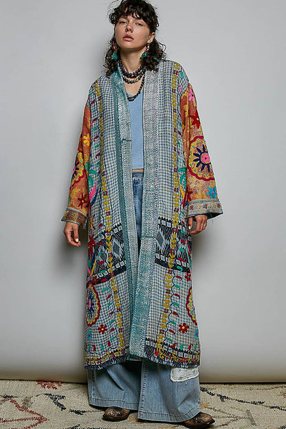 Patchwork Woven Duster Maxi-Length Open-Front Cardigan - ivyandlavyboutique Pol Clothing