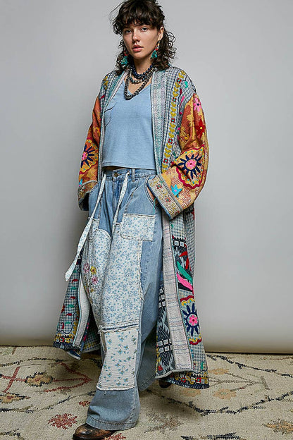 Patchwork Woven Duster Maxi-Length Open-Front Cardigan - ivyandlavyboutique Pol Clothing