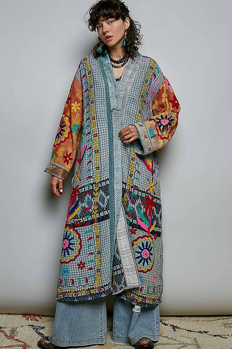 Patchwork Woven Duster Maxi-Length Open-Front Cardigan - ivyandlavyboutique Pol Clothing