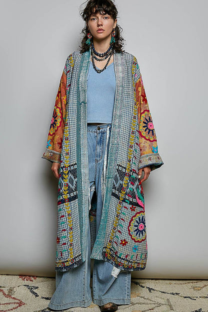 Patchwork Woven Duster Maxi-Length Open-Front Cardigan - ivyandlavyboutique Pol Clothing