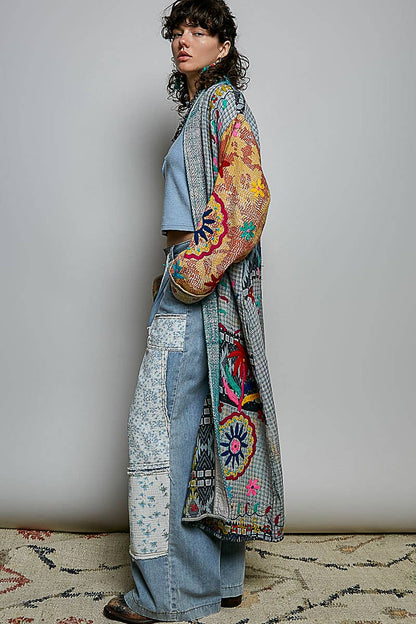 Patchwork Woven Duster Maxi-Length Open-Front Cardigan - ivyandlavyboutique Pol Clothing