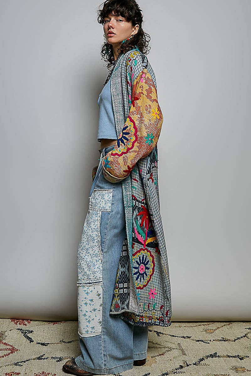 Patchwork Woven Duster Maxi-Length Open-Front Cardigan - ivyandlavyboutique Pol Clothing