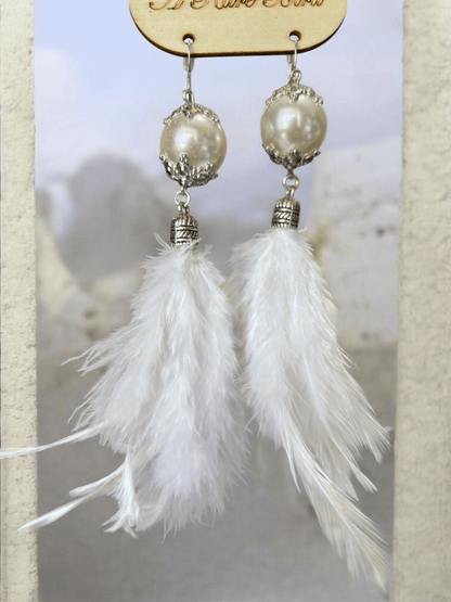 Pearl Feather Earrings - ivyandlavyboutique A Rare Bird Shop