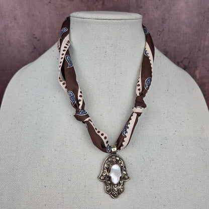 Pearl Hamsa Tibetan Pendant Ribbon Necklace - ivyandlavyboutique ZINC Designs