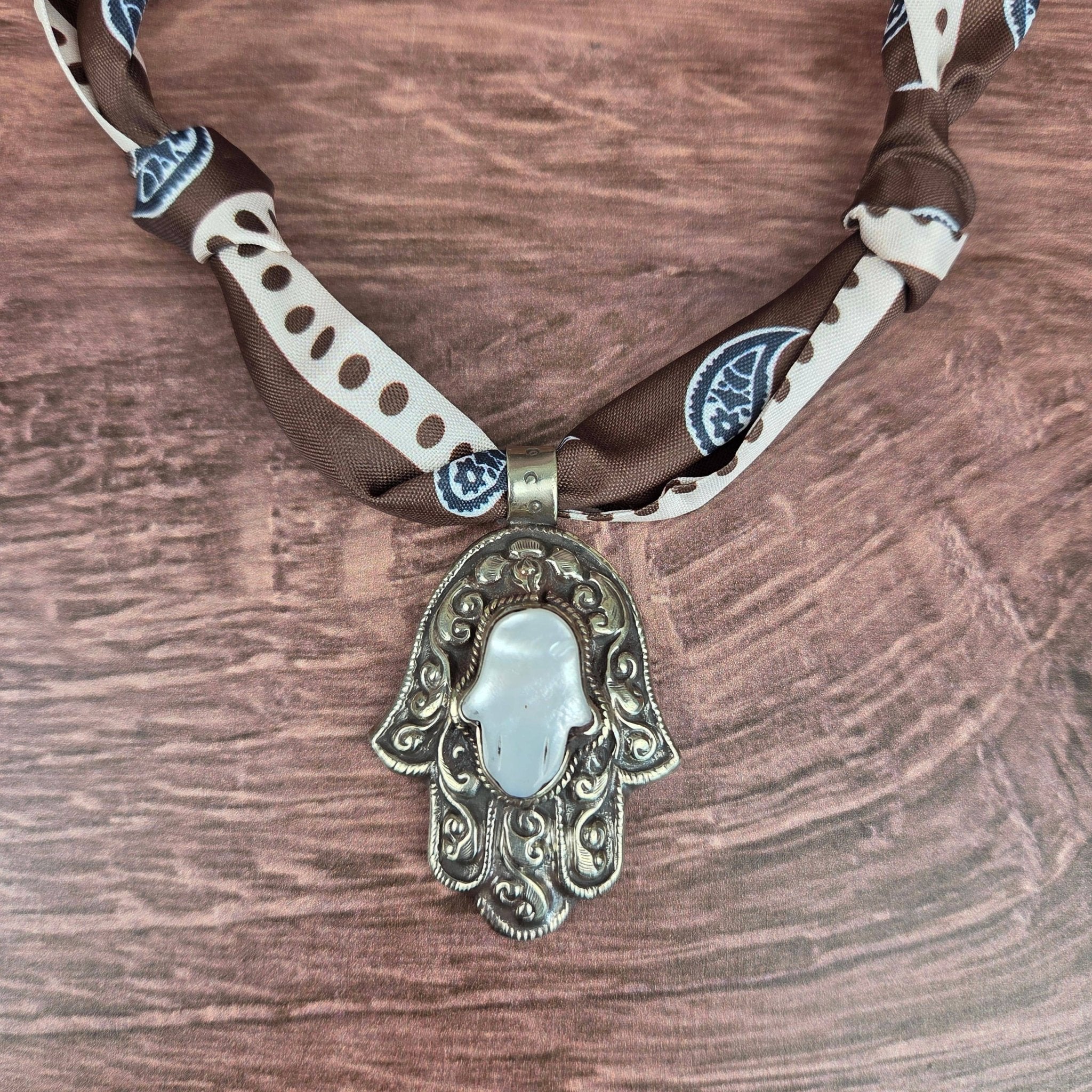 Pearl Hamsa Tibetan Pendant Ribbon Necklace - ivyandlavyboutique ZINC Designs