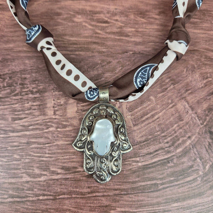 Pearl Hamsa Tibetan Pendant Ribbon Necklace - ivyandlavyboutique ZINC Designs