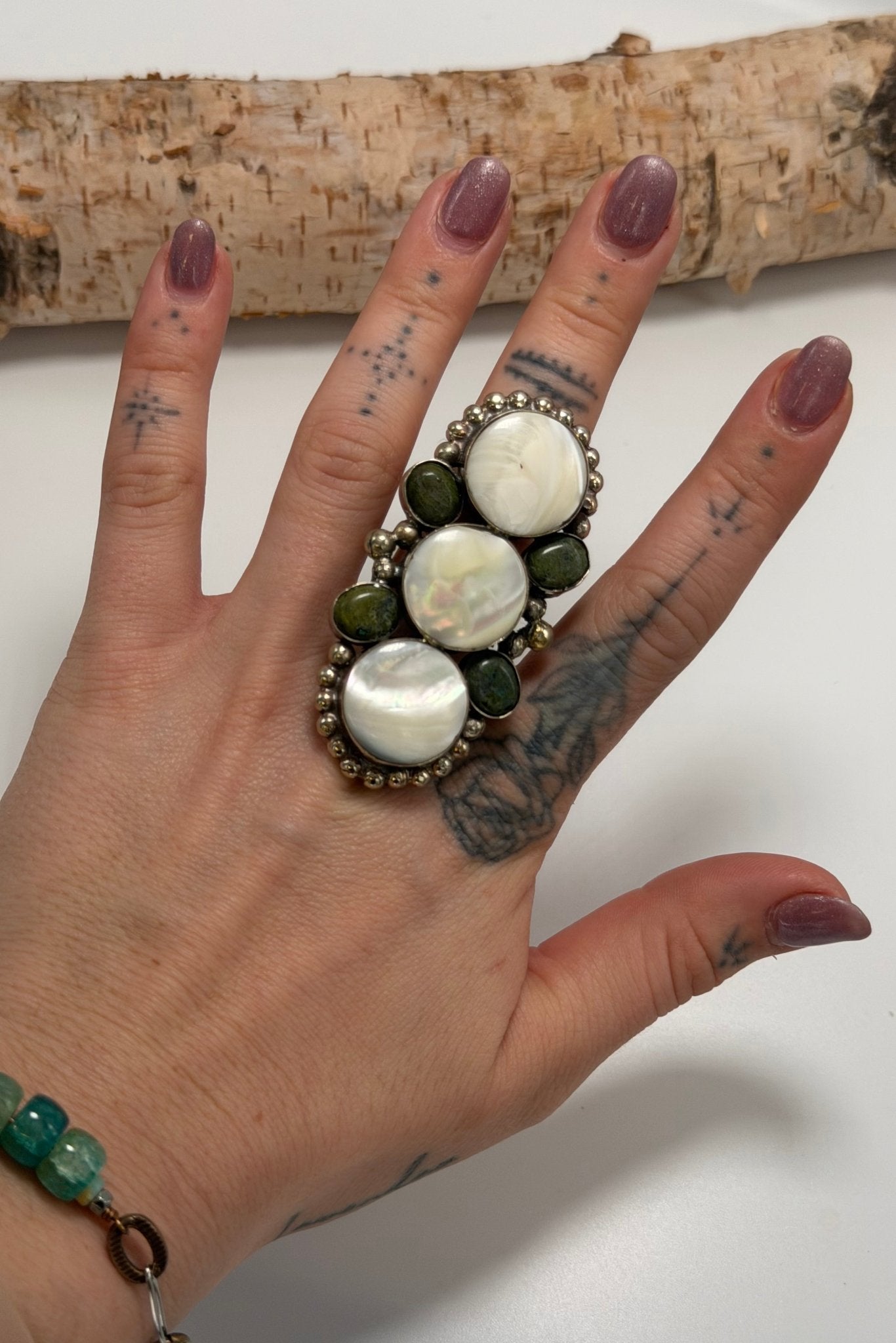 Pearl & Moss Agate Long Statement Ring - ivyandlavyboutique ivyandlavyboutique