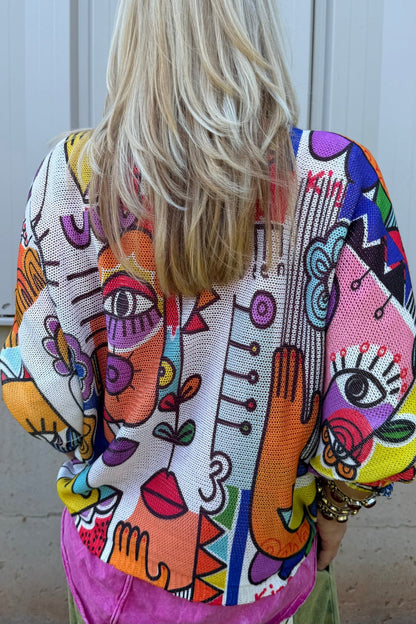 "Picasso" V-Neck Knit Printed Long Sleeves Sweater - ivyandlavyboutique LOOWIE