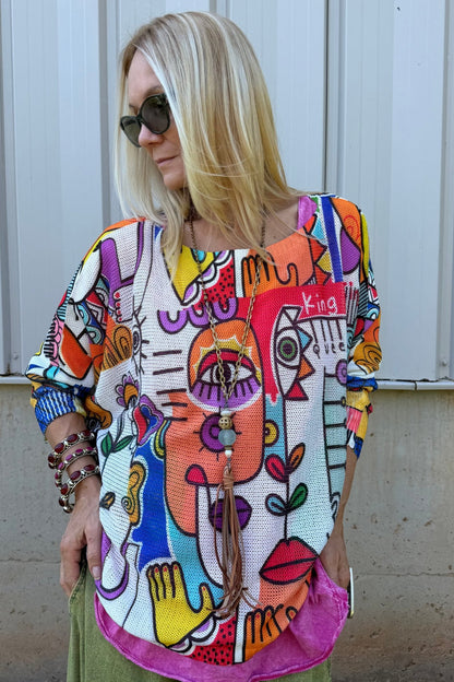 "Picasso" V-Neck Knit Printed Long Sleeves Sweater - ivyandlavyboutique LOOWIE