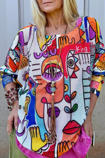 "Picasso" V-Neck Knit Printed Long Sleeves Sweater - ivyandlavyboutique LOOWIE