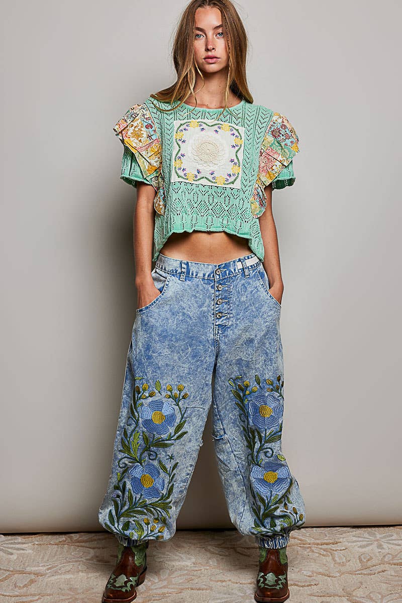 Picking Flower Vintage Floral Artisan Embroidered Twill Jogger Pants - ivyandlavyboutique Pol Clothing